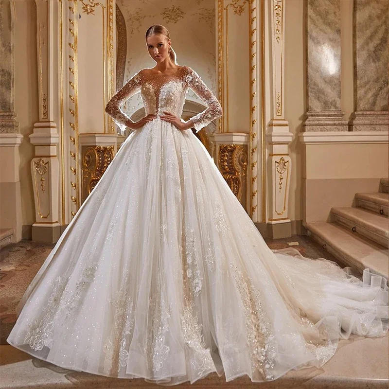 

Classic Wedding Dress Organza With Embroidery Beading Ball Gown Full Sleeve O-Neck Customized Bridedress Button Vestido De Novia