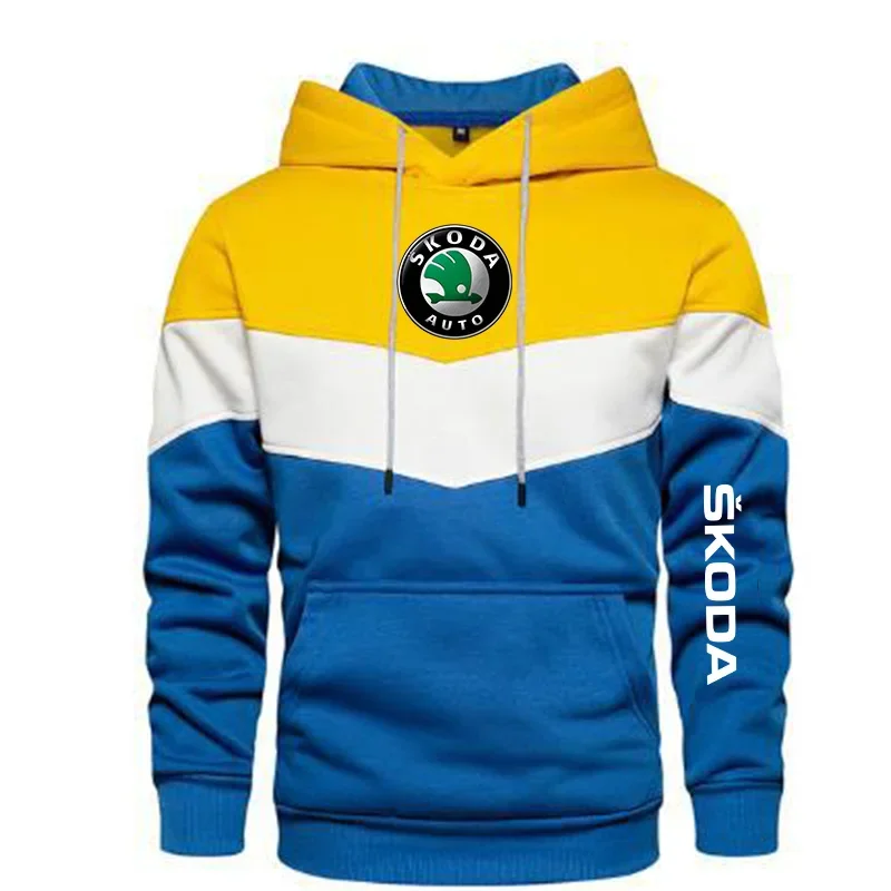 Neue Frühling Herbst Herren Skoda Logo Patchwork Farbe Pullover Langarm Hoodie Mode Baumwolle Hoody Sweatshirt