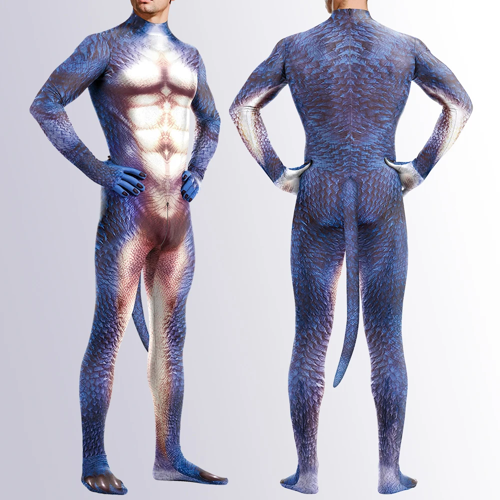 Zawaland Cosplay Costume For Male Adult Animal Lizard 3D Print Jumpsuits Full Cover Elastic Zentai Bodysuits With Tail Halloween