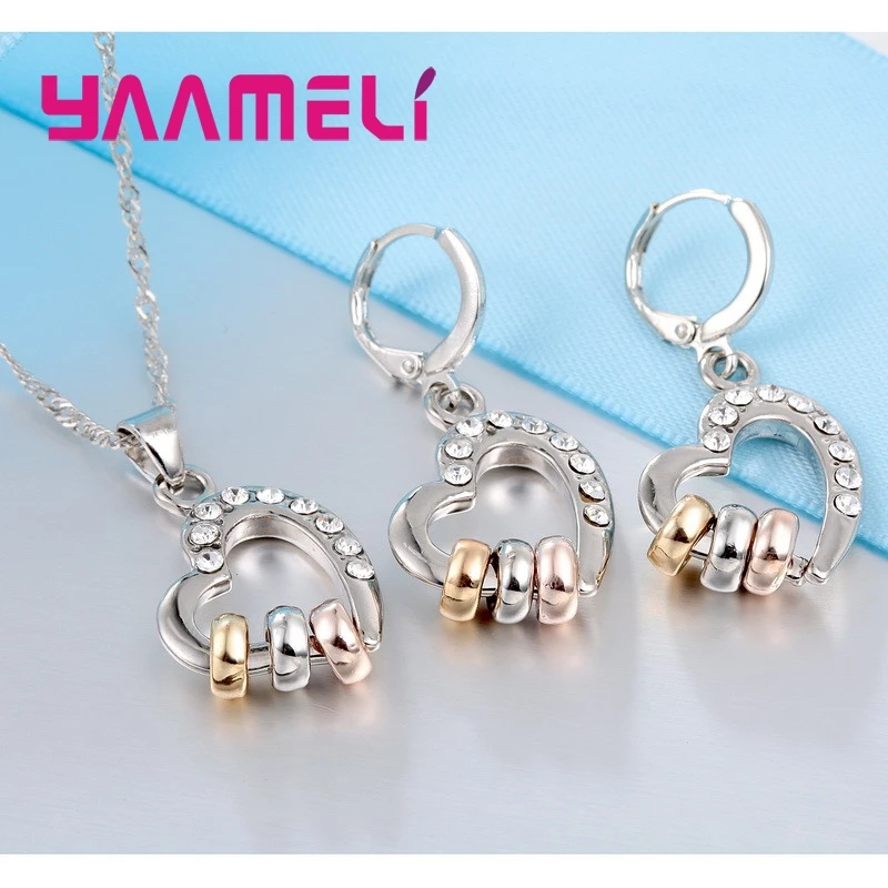 Elegant Christmas Gift Fine 925 Sterling Silver Hoop Earrings Pendant Necklace Sets Clear Shining Austrian Crystal Paved