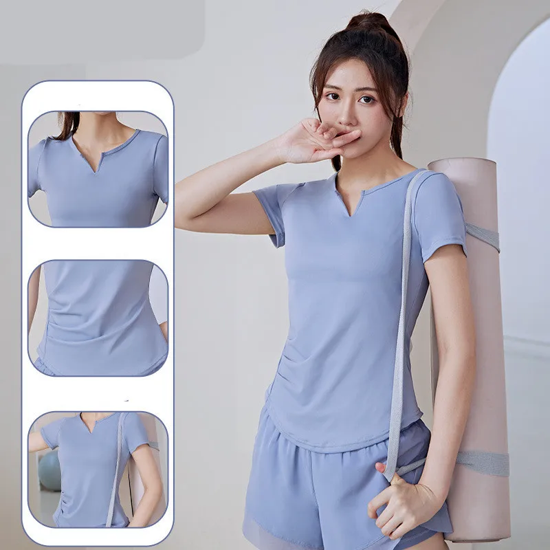 Summer V-neck Yoga Short Sleeved T-shirt Quick Drying Elastic Fitness Running T-shirt Short Sleeved Solid Color Slimming Tshirts