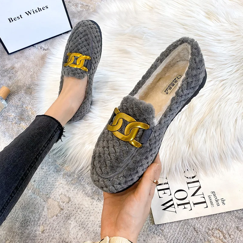 Brand Metal Chain Lambswool Mocasines Femme Fleeces Sneakers Winter Shoes Ladies Warm Wool Loafers Big Size Fur Flats Women