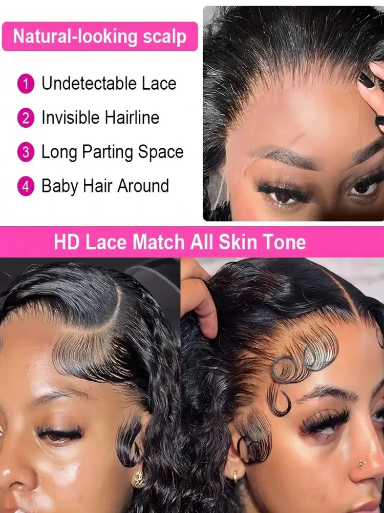 13x6ディープウェーブレースフロントウィッグ　200%密度HD透明フロントウィッグ　ベビーヘア付きプレプラッキング済み　ナチュラルブラック（女性用）
