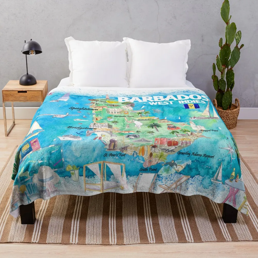 

Barbados West Indies Illustrated Caribbean Island Travel Map with Highlights Throw Blanket Tourist Bed covers Blankets