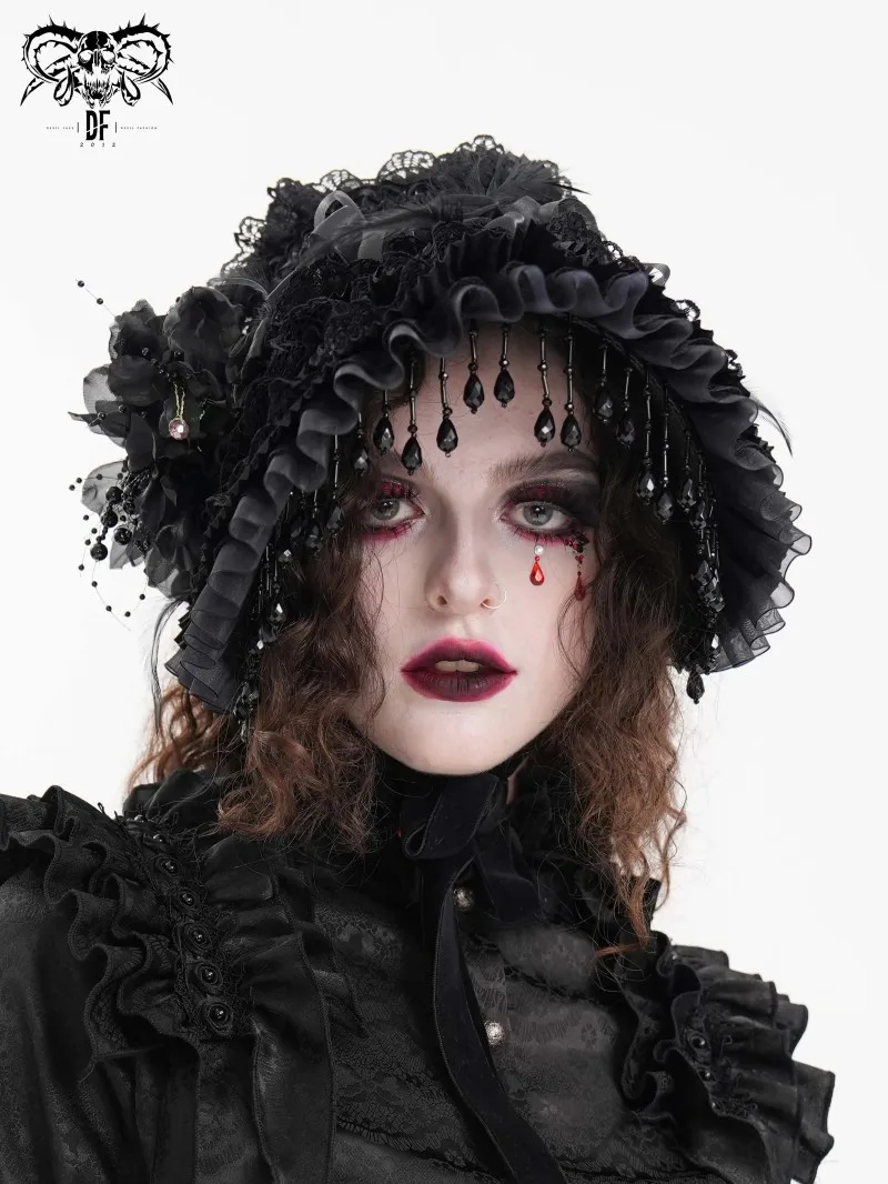 Devil Fashion Gothic Widow Hat Black Pearl Tassel Decor Women Dark Retro Hat Halloween Cosplay Party Costume Headwear Accessory