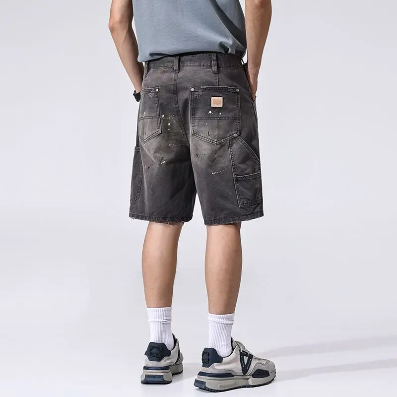 

JXN2038 Summer new splash ink work shorts men loose splicing cotton straight five trousers American casual