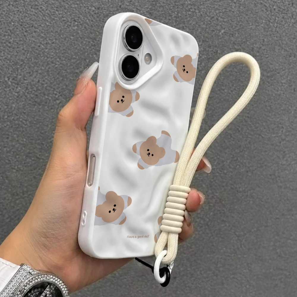Modisches Bärenmuster Falten-Silikon-Handyhülle für iPhone 17 15 13 11 12 14 16 17 Pro Max 14 Plus Air mit Lanyard Niedliche Hülle – Detail 6
