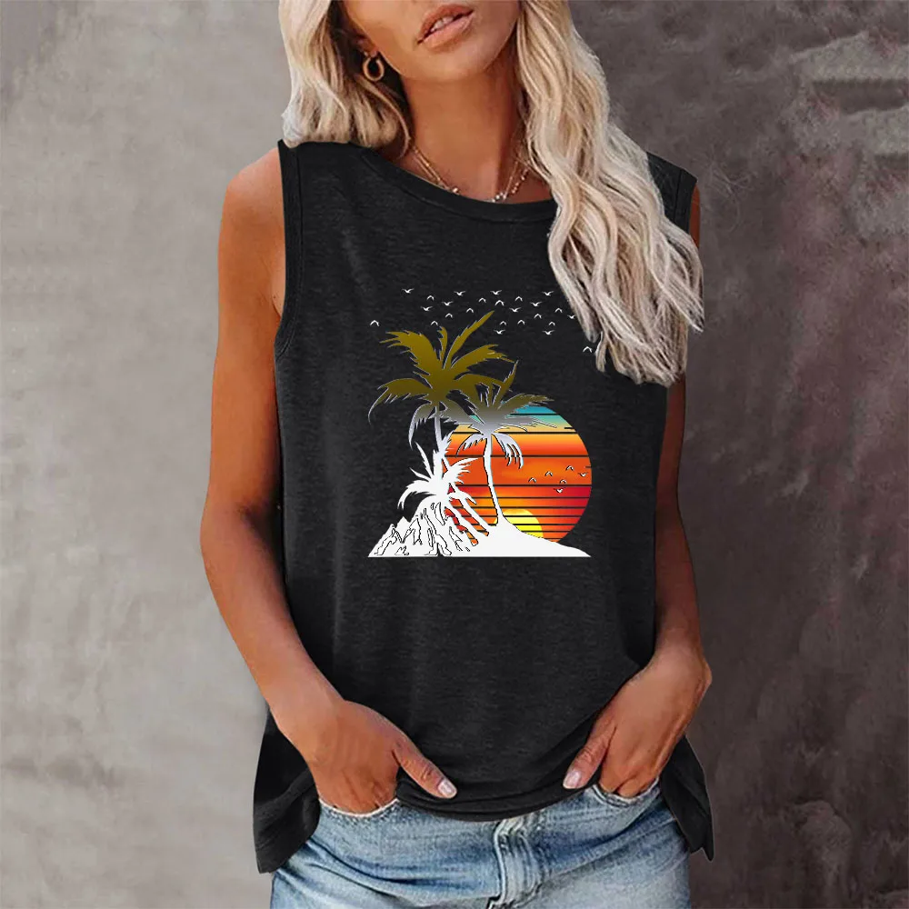 Seeyoushy Sunset Beach View of Coconut Trees 2023 New Summer Harajuku Fashion Trend Tshirt Women's Sleeveless O-neck Tshirt Tops