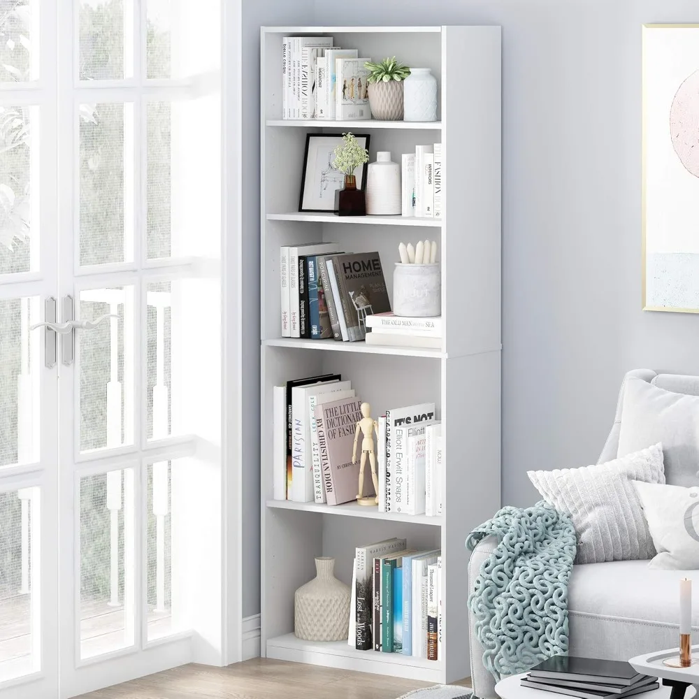 

5-Shelf Bookcase, 5-Tier, for Dorm Room, Bedroom, Living Room, Classroom, Study Room, White, Bookcases