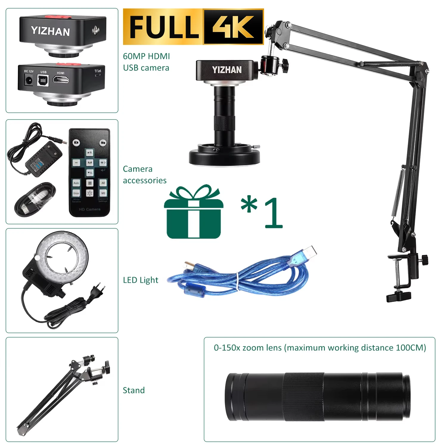 YIZHAN 60MP Volledige 4K Elektronische Digitale Microscoop HDMI USB VGA Afstandsbediening 150x Soldeermicroscoop Voor Telefoons Met Ondersteuning