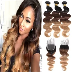 Ombre Color Body Wave Human Hair Bundles with Closure 100% Unprocessed Virgin Hair 1b/4/27 Colored Bundles Human Hair Extension