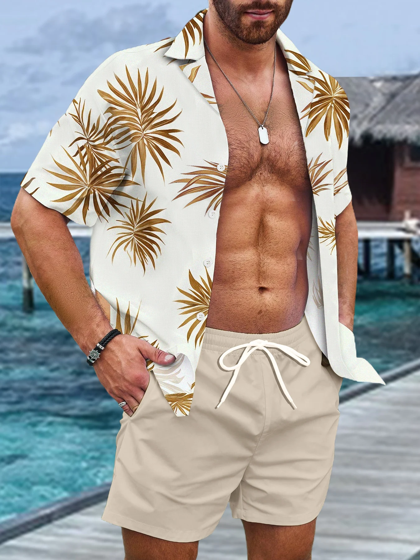 

Men's Off-White Palm Print Cuban Collar Shirt + Khaki Shorts Set Summer Vacation Casual 2 Piece Outfit