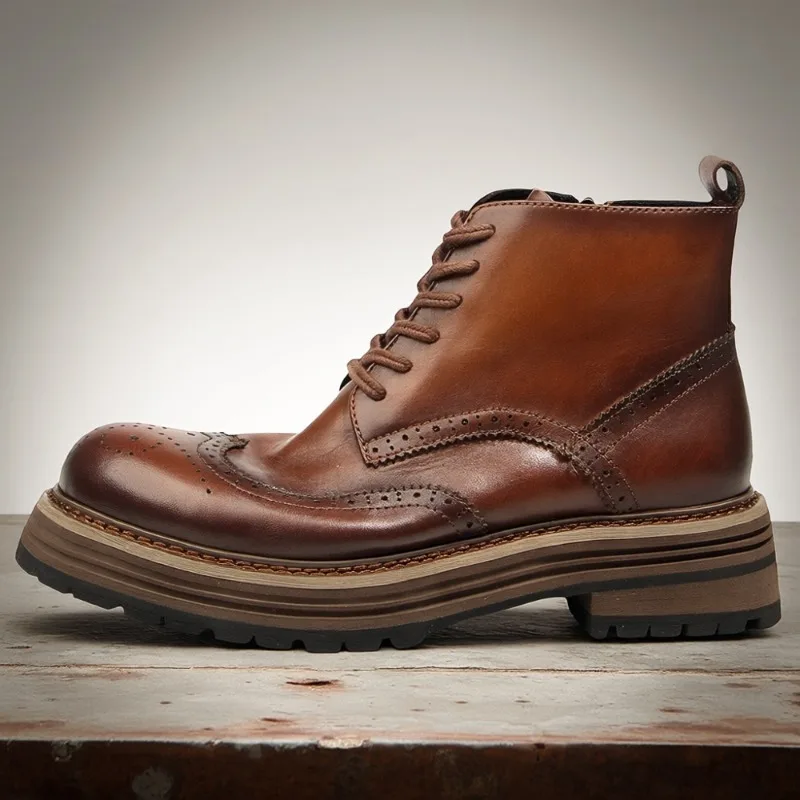 

Handmade Genuine Leather Thick Sole Brogue Ankle Boots Men's Shoes Platform Work High Top Motorcycle Casual Riding Boots Male