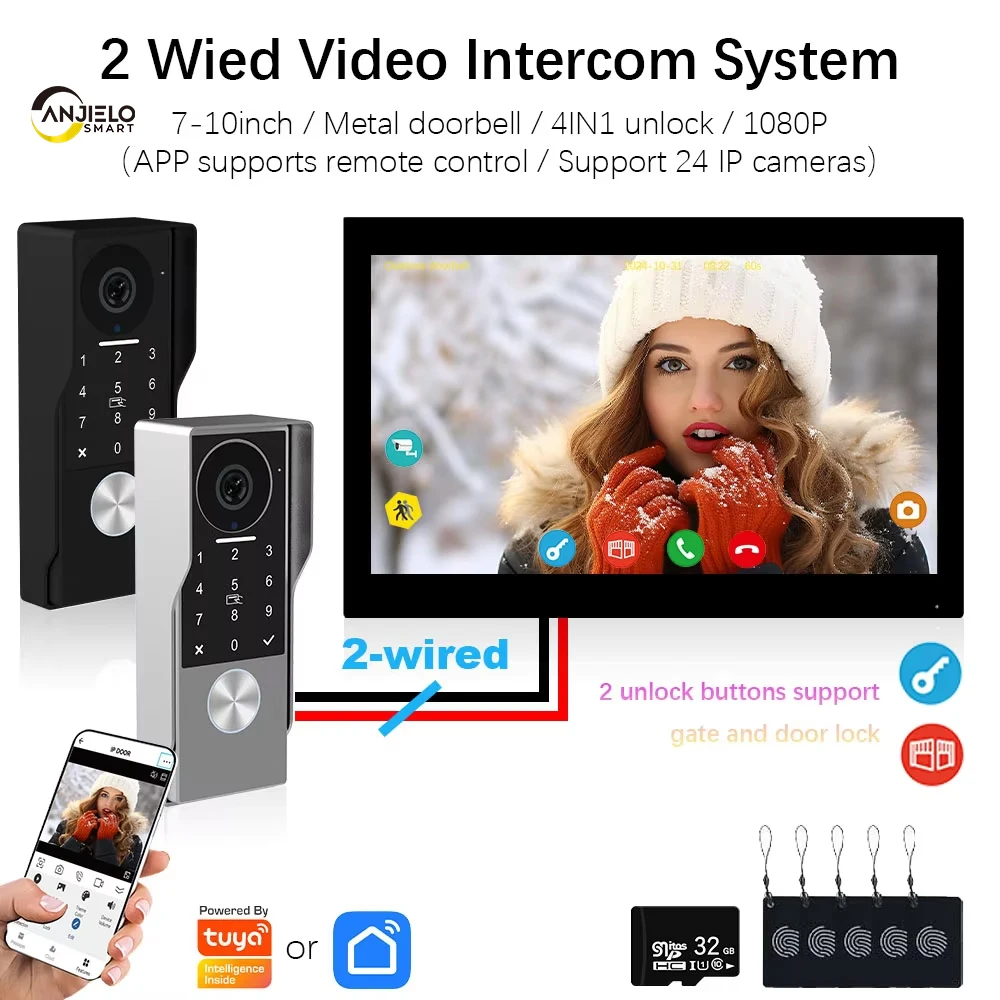 

Цифровая видеодомофонная система ANJIELO2Wire TUYA Smart 1080P с камерой, видеодомофоном и поддержкой дистанционного управления замком ворот