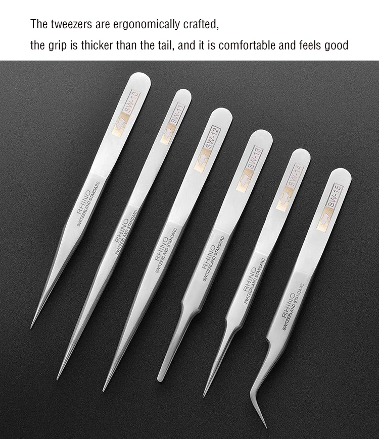 Japanese RHINO SW Series Frosted Anti-Magnetic And Anti-Acid Swiss Technology Slender Pointed High Hardness Precision Tweezers