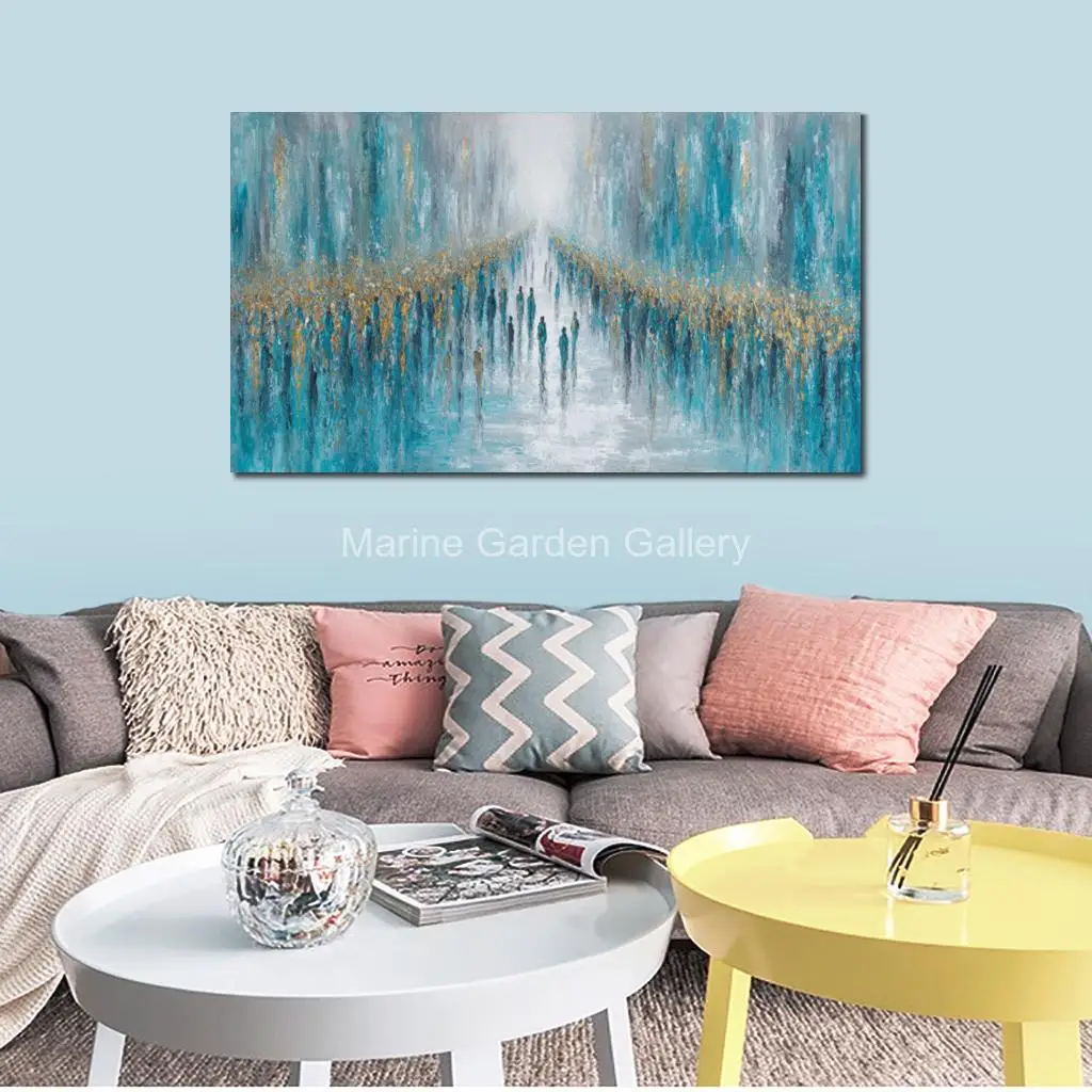 Gold Judaic Wall Art Handmade Textured Oil Painting on Canvas Crossing the Red Sea Blue Biblical Exodus Jewish Family Room Decor