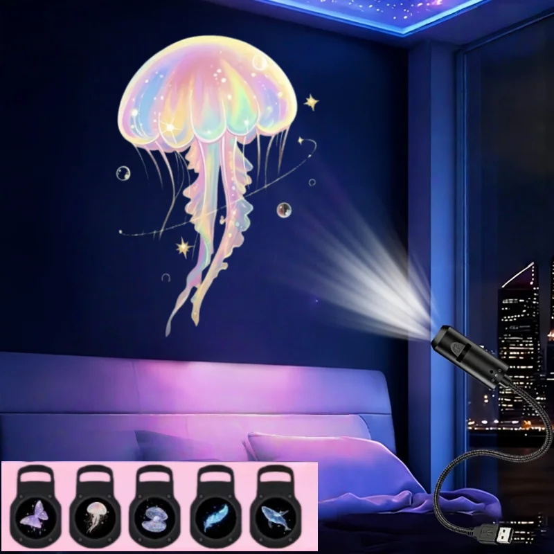 Creative Dreamy USB Projection 6pcs Patterns Lamp,Rose,Whale,jellyfish,Butterfly Atmosphere LED Projects Light Festive Gift