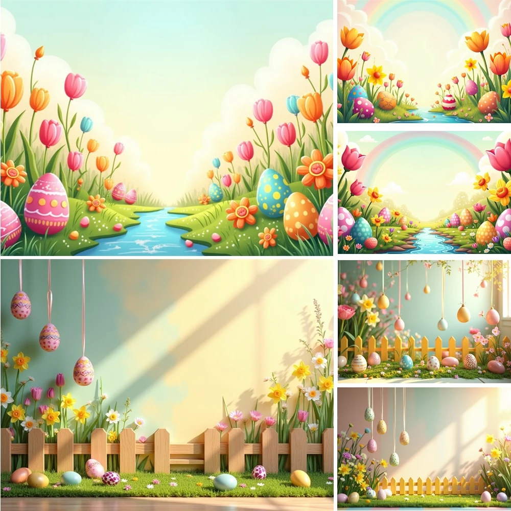 

MOON.QG Easter Decoration Backdrops For Photography Fence Tulip Flower Eggs Photo Background Kids Wallpaper Photo Accessories
