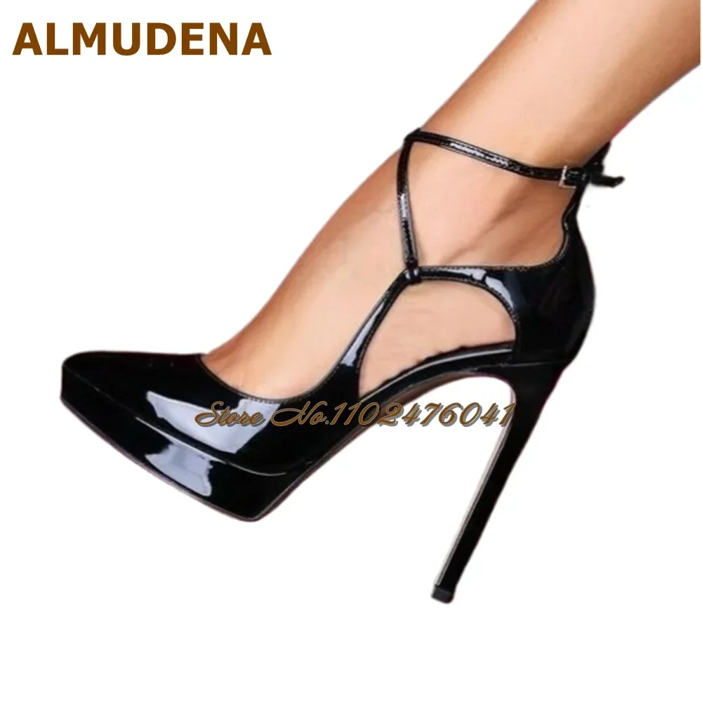 ALMUDENA Black Patent Leather Stiletto Heels Pointed Toe Dress Shoes Platform Cross Strap Buckle Banquet Hollow Pumps Size46