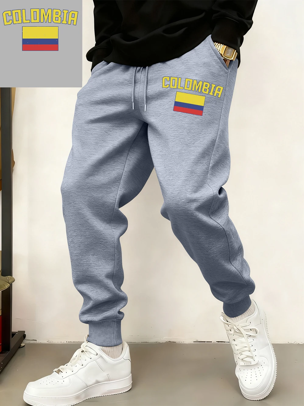 

Colombia Flag Letter Print Sweatpants Mens Casual Fleece Warm Trousers Winter Oversized Pocket Jogger Pants Basics Male Clothes