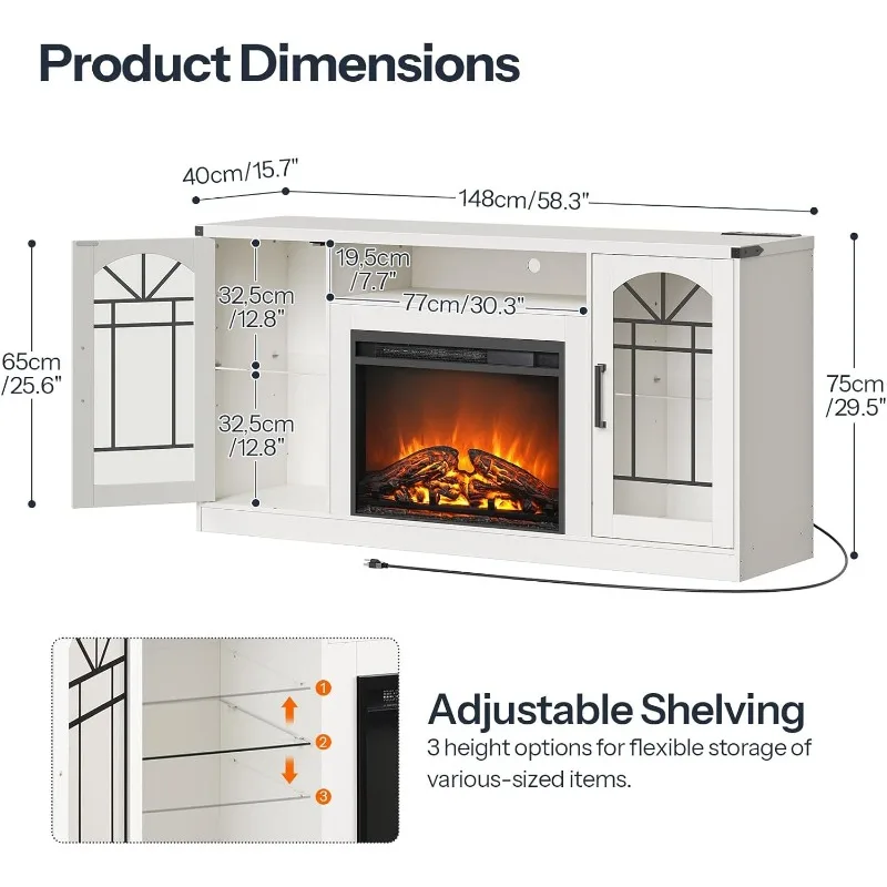 Fireplace TV Stand with Power Outlets and Led Light for 45/50/55/60/65 inch TVs, Modern Entertainment Center Console