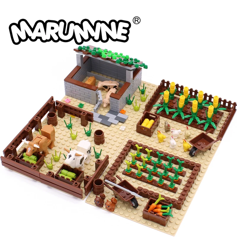 MARUMINE Farm Set MOC Building Blocks Model Kit Animals Pig Cow Corn Radish Accessories Construction DIY Bricks for Kids 6+ Toys