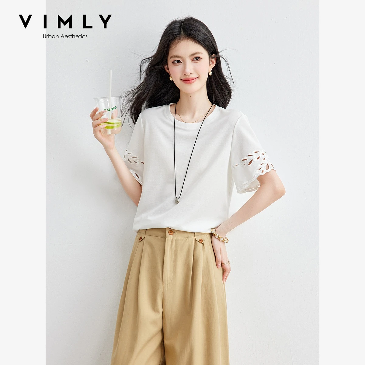 VIMLY Women's Hollow Embroidered White T-shirt 2026 Summer New Round Neck Short Sleeve Loose Versatile Top Daily Outfit A6303