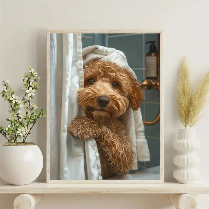 Enchanting Teddy Bath Canvas Art, Fun Animal Dog Canvas Printing, Wall Art Decoration, for Office Bathroom Home Decoration