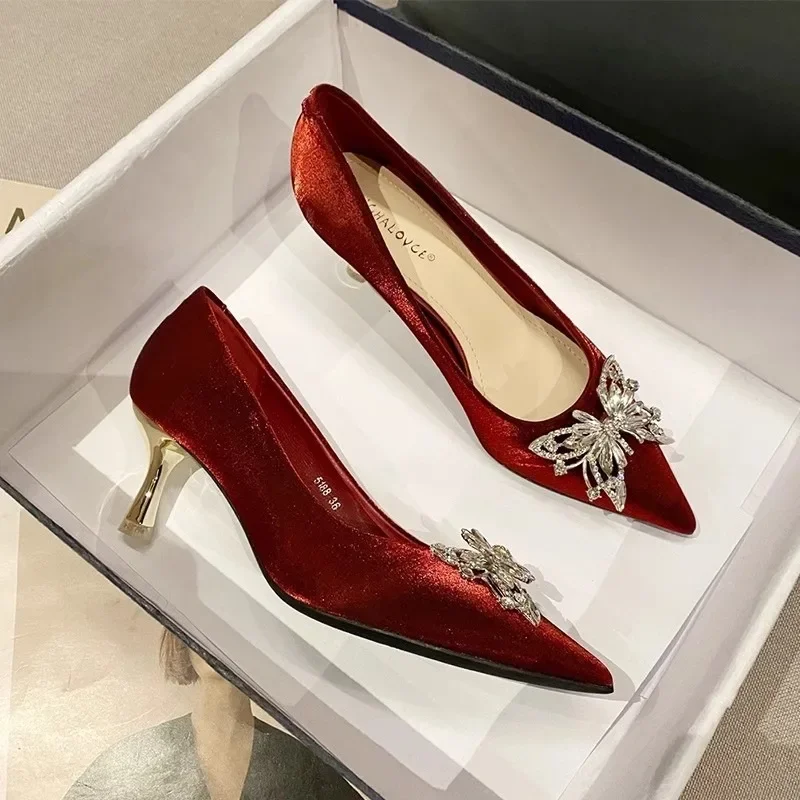 Red Heels Women 2024 New Luxurious Rhinestone Wedding Bridal Shoes Sexy Thin Heel Women\'s Pumps Comfor Mid-heeled Dress Shoes