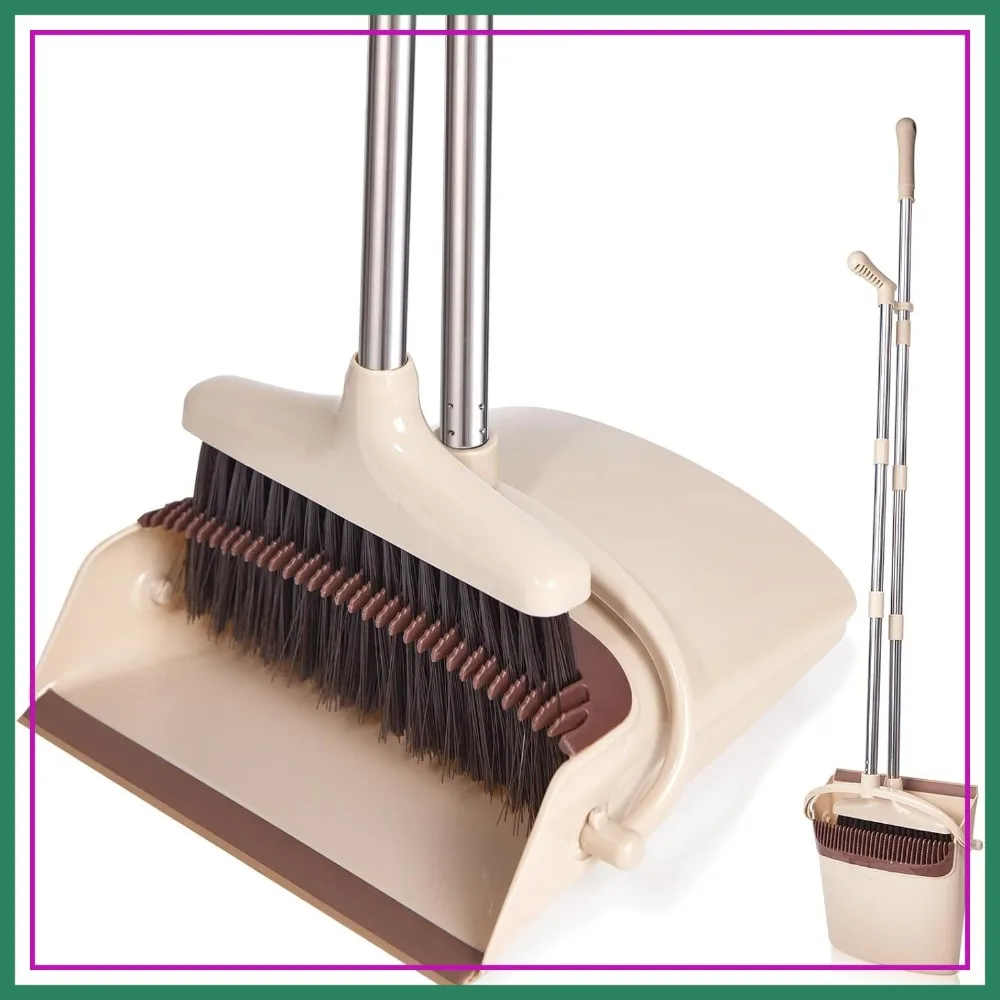 

Long Handle Broom and Dustpan Set, Lightweight Stainless Steel, Upright Stand, Home Office Pet Hair, 1-Pack
