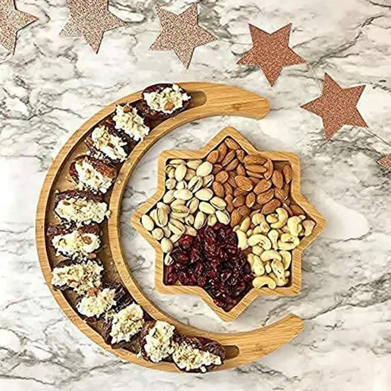 Eid Star Moon Tray Wood Snack Serving Tray for Eid Cakes Pastries and Candy Holder Tray Food Display Table Decor Platter