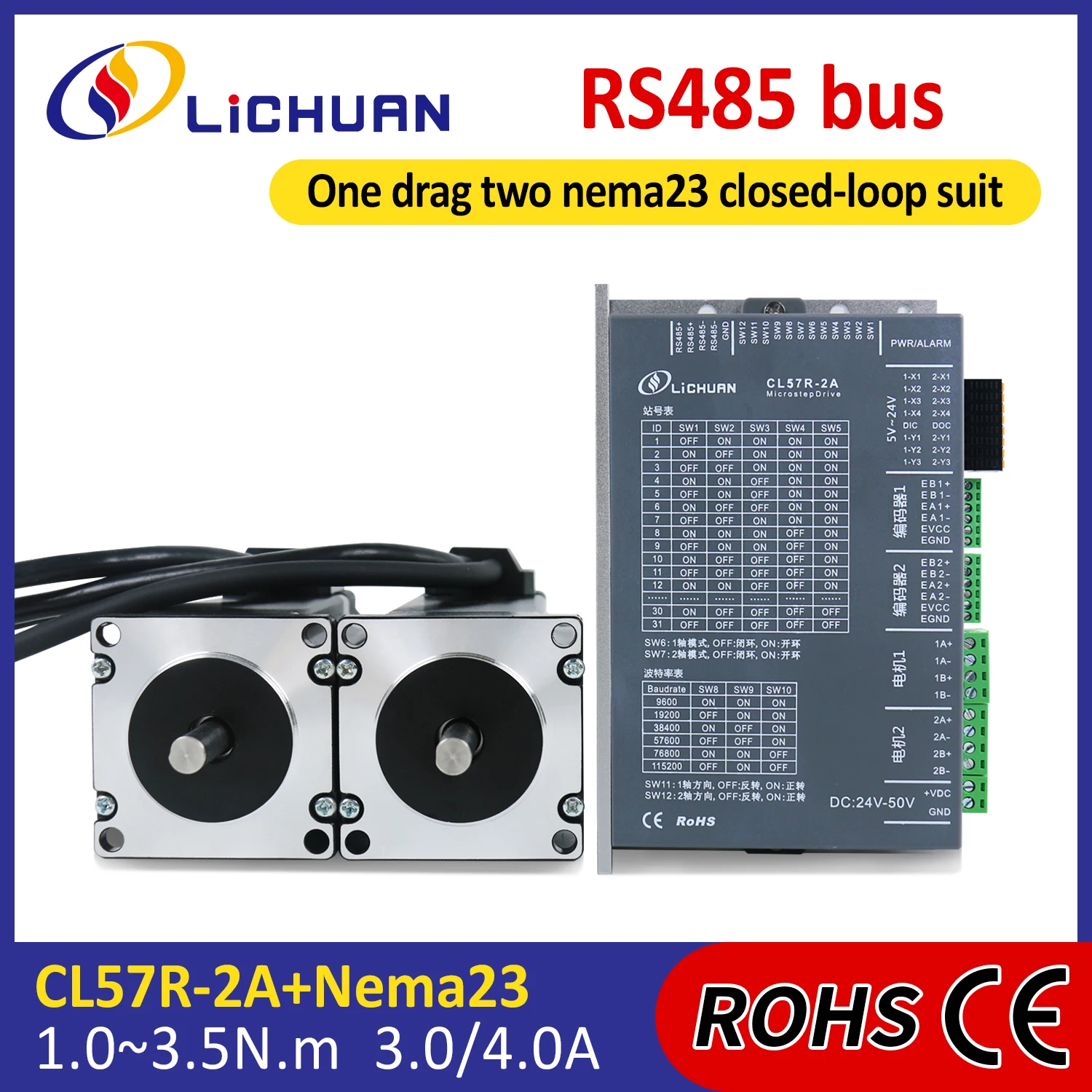 Lichuan 2 Phase Nema23 DC24V~50V 3/4A 1000PPR Motor Driver Stepper 1/1.5/2/2.2/3/3.5N.m 2-Axis Closed Loop Stepper Motor Drivers