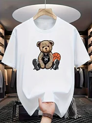 Men women's Casual Crew Neck T-Shirt with Basketball & Bear Print Slight Stretch Summer Fashion Top Regular Fit