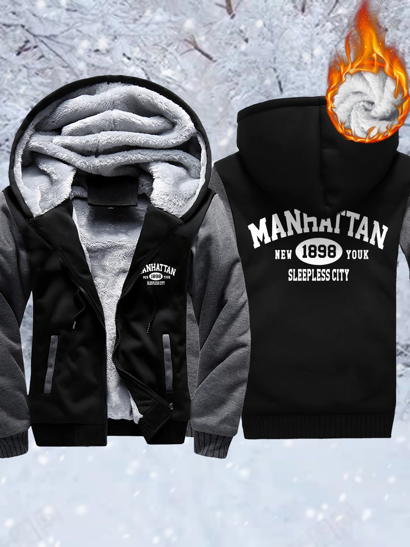 

Manhattan New York Sleepless City Print Mens Fleece Soft Jackets Winter Thicken Veste Warm Comfy Streetwear Pocket Zip-Up Hoody
