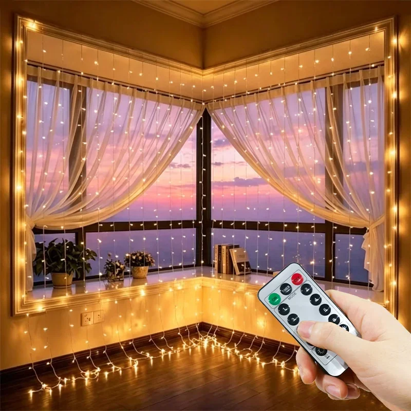 Christmas LED Curtain String Lights USB Powered 8 Modes Fairy Light with Remote Control Party Lights Bedroom Wedding Decoration