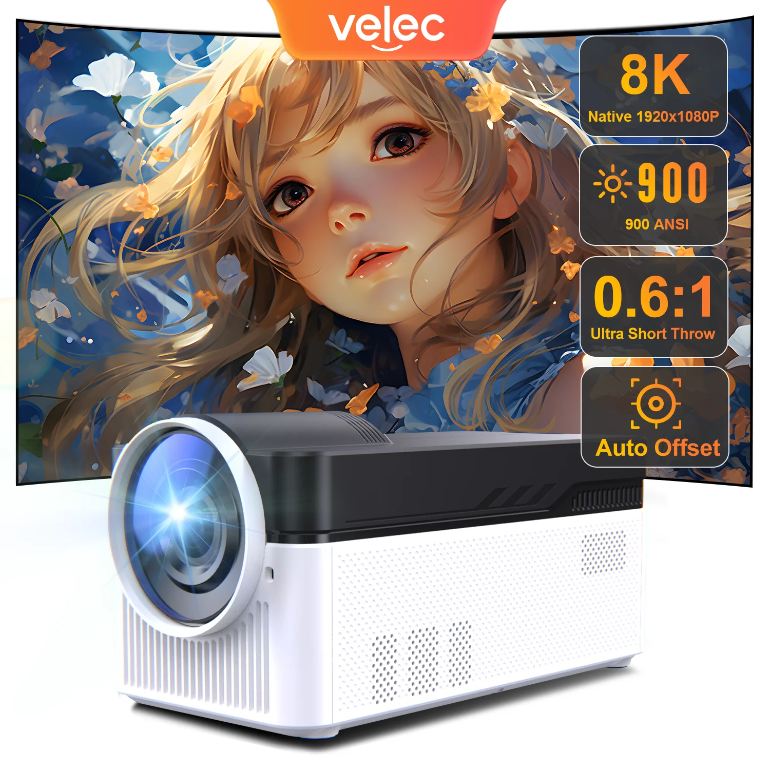 Velec HY450 Ultra Short Throw Projector with Auto Offset 900ANSI 8K 4K 1080P BT5.4 Electronic Focus WiFi6 AllwinnerH716 Voice