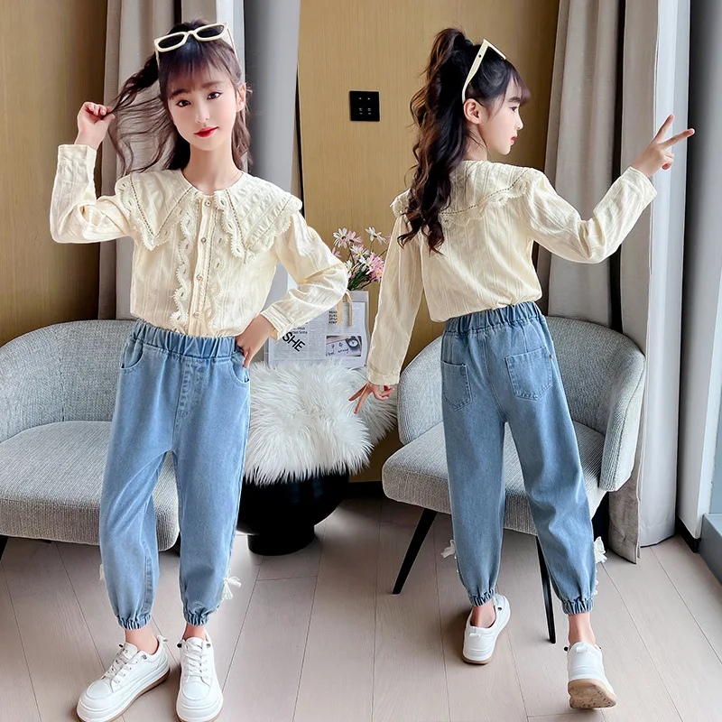 Girls Blouses Children 2024 New Autumn Collection White Blue Simple Casual Fashion Shirt Korean Simple Style Top Clothes