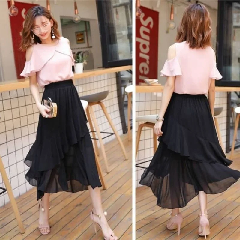 블라 쉬폰 A라인 미디 스커트 여성용 여름 2025 하이웨이스트 플레어 스커트 슬림 비대칭 밑단 스윗 슬레 순색