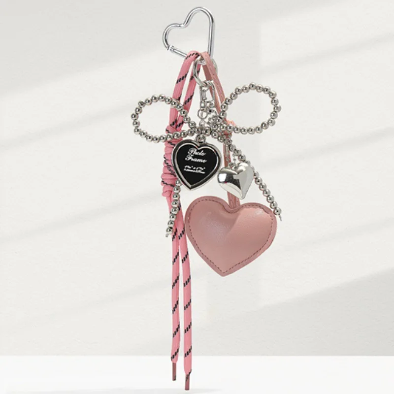 Pink Heart Silver Beaded Bow Bag Hanging Decoration Black Red Love Leather Braided Rope Keychain