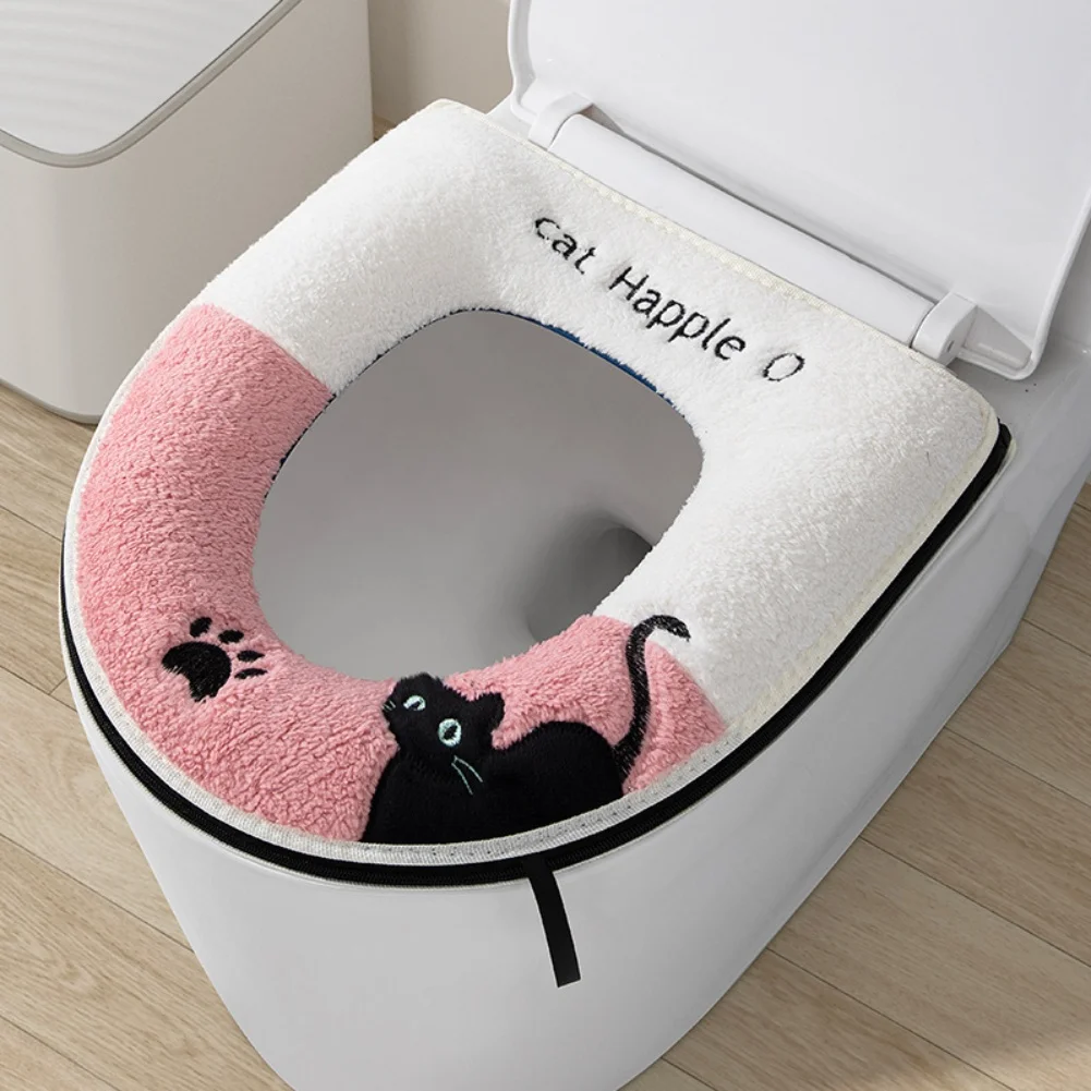 1pc Thickened U-Shaped Toilet Seat Cover Zipper Style Toilet Seat Pad Winter Waterproof Seat Pad Household Thick Toilet Pad