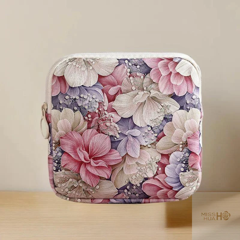 HUA HUA Creative PVC Sanitary Pads Bag Fashion Floral Print Large Capacity Multipurpose Coin Purse Portable Cosmetic Storage Bag
