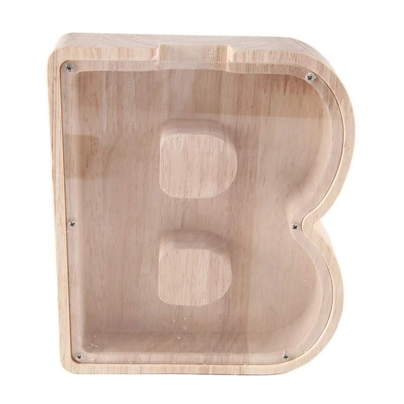 1 PCS Wooden Letter Piggy Bank English Alphabet Savings Jar Clear Glass Coin Saving Jar B