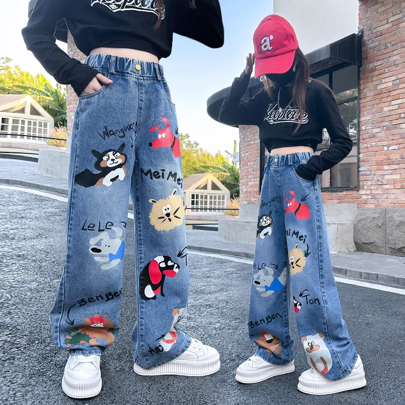

New 2025 Teenage Girls Blue Street Cartoon Print Elastic Mid Waist Loose Denim Jeans Spring Fashion Children Cute Wide Leg Pants