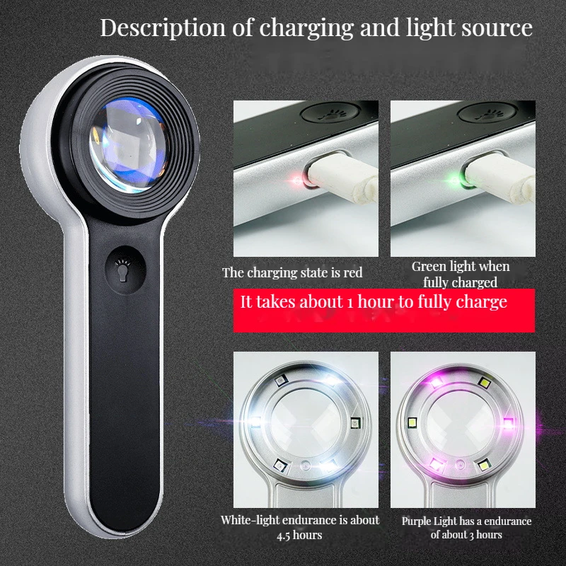 10X Handheld Portable Illumination Magnifier Magnifying Glass Loupe Tool Hd Usb Charging with Led Uv Light for Jewelry Reading