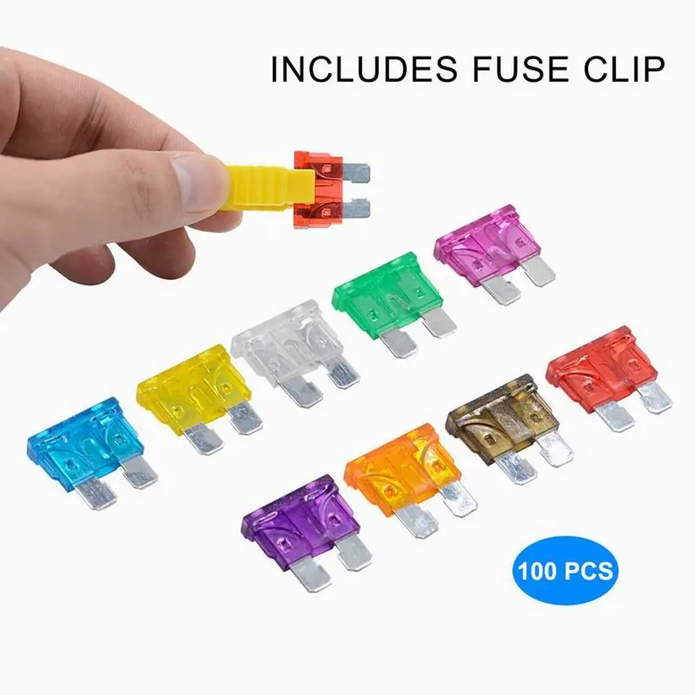 100Pcs Auto Truck Standard Blade Fuse Assortment Car Fuses Kit Assorted 2.5/3/5/7.5/10/15/20/25/30/35A Car Fuse With Box Clip