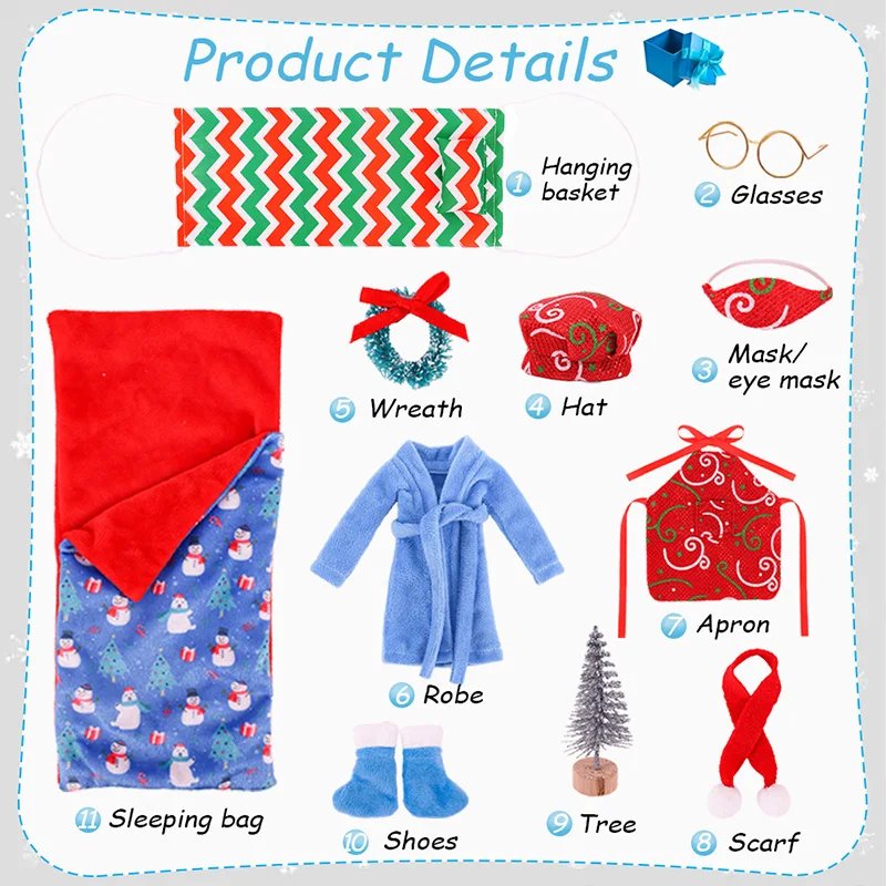 Christmas Style Multi Piece Set Sleeping Bag/Robe Apron Hanging Basket Socks Glasses,For 30cm doll&Christmas Doll,Christmsa Gift