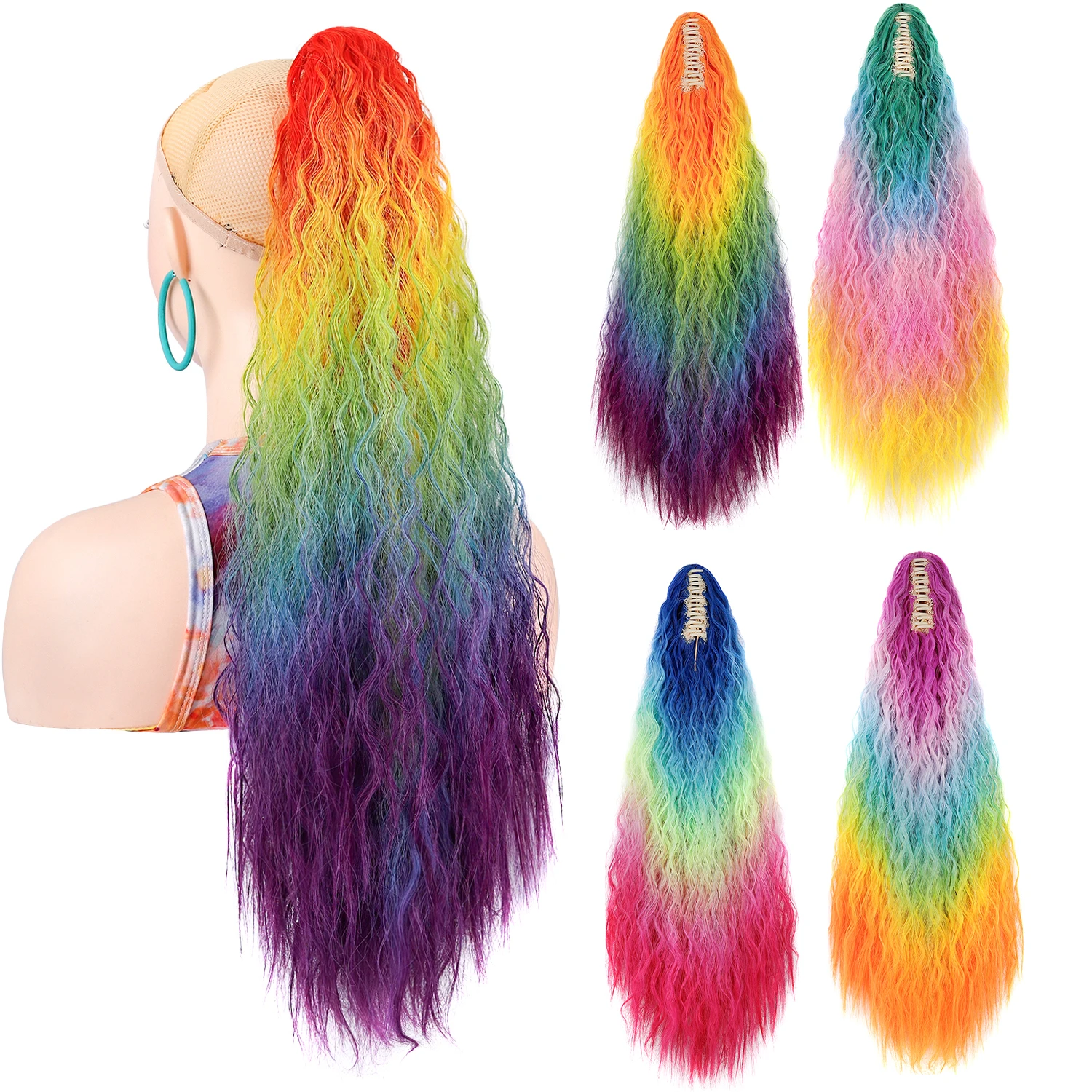 Ponytails Long Curly Hair Claw Ponytail Extension Claw Clip On Hair Synthetic Rainbow Hairpiece Women’s Daily Party Cosplay