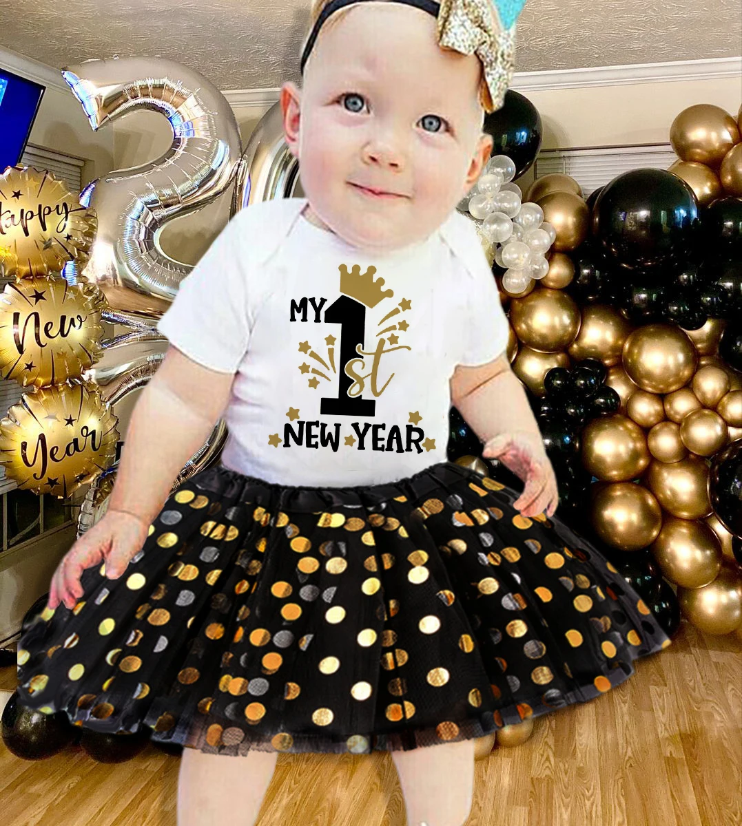 my first new year Baby Girl Romper + Tutu Skirt set 2024 party girls Short Sleeve Bodysuit Dress Infant Jumpsuit & Dresses Set