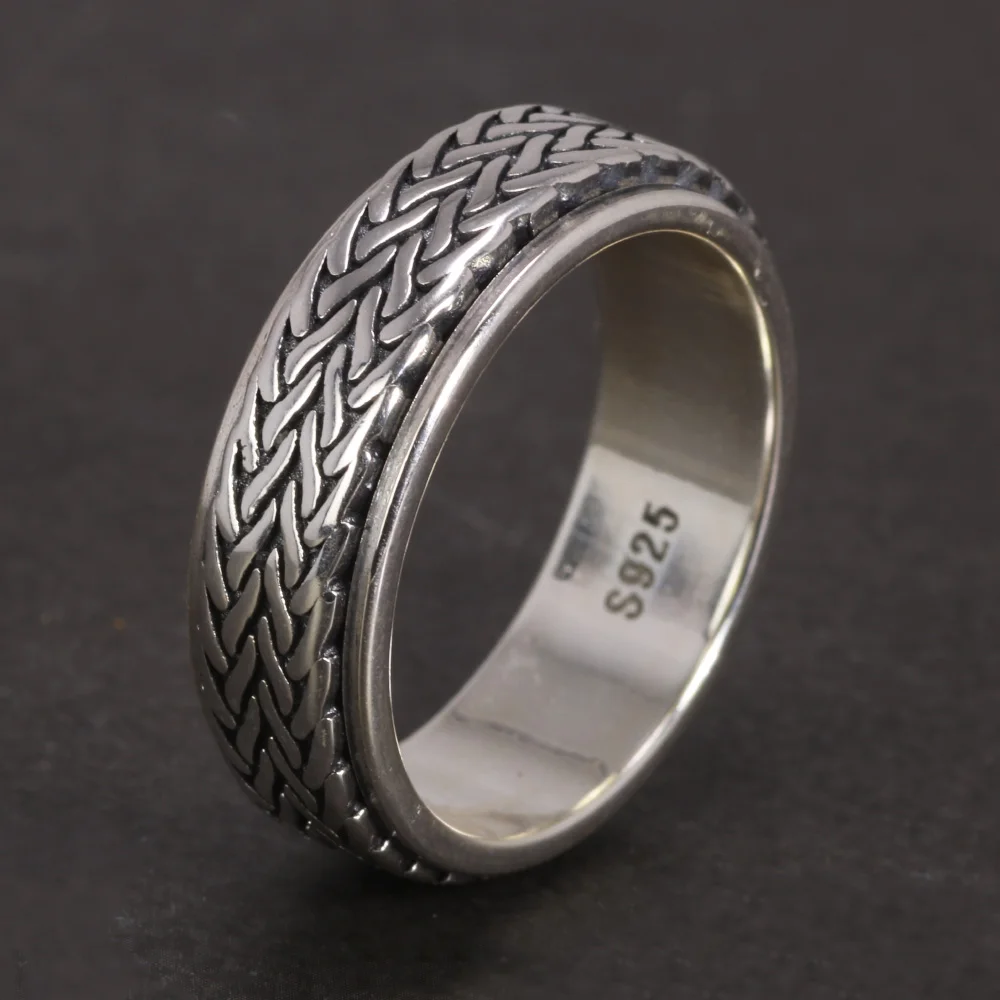 925 Sterling Silver Rotatable Rings For Men And Women Simple Hemp Rope Type Spinner Vintage Male Jewelry