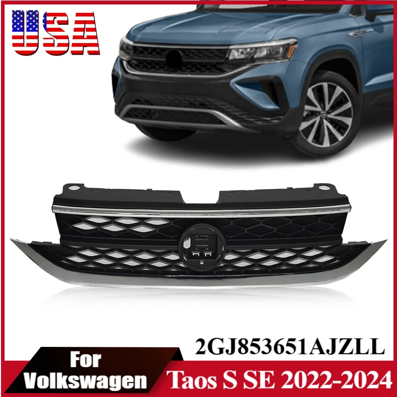 

Front Bumper Upper Grille For VW Taos 2022 2023 2024 Car Center Grill Hood 104-98801X 10498801X 2GJ853651AJZLL 2GJ853651NZLL